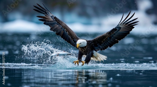An American Bald Eagle is seen elegantly swooping down to land on the surface of a body of water, showcasing its powerful wings and sharp talons in action.