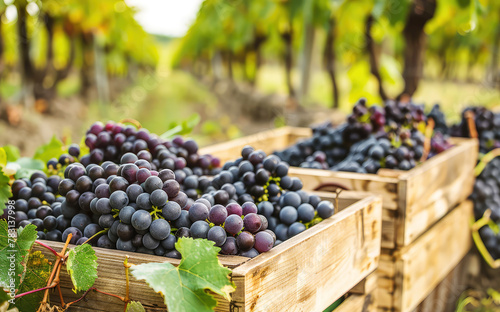 ripe dark grapes in wooden boxes against the background of a vineyard. grape harvest