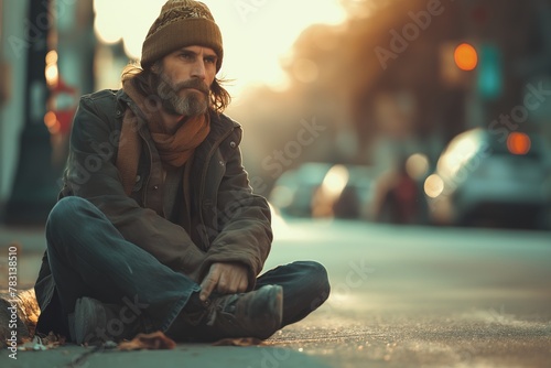 Poor homeless man outdoors on winter day. young or adult man guy, sitting on the street begging, begging, unkempt with a beard, park, autumn, group of people, sunny day portrait or close-up