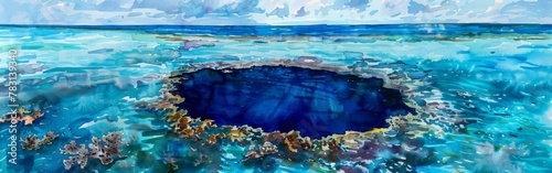 A detailed watercolor painting of the Great Blue Hole, a large sinkhole in the ocean surrounded by vibrant blue waters and coral reefs.