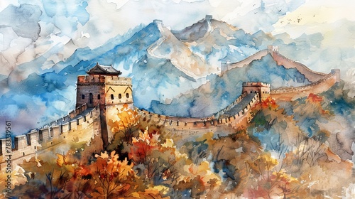 A detailed watercolor painting depicting the iconic Great Wall of China snaking across rugged terrain. The ancient fortification is captured with precision and intricate brushwork, showcasing its hist