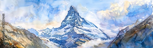 A watercolor painting of the majestic Matterhorn mountain, dominating the skyline against a backdrop of a vast blue sky. The intricate details and vibrant colors bring the mountain to life in this stu