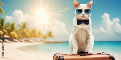 White cat with sunglasses sitting on a suitcase on a tropical beach.