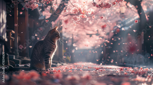 桜を眺めるネコの横顔と宿場町