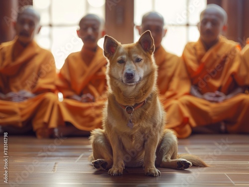 Zen Dog Meditating with Buddhist Monks in Temple, Spiritual Harmony Between Animals and Humans, Peaceful Monastery Scene