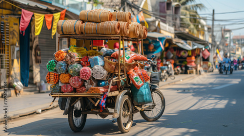 Vibrant Street Vendor Scene, Trading in Cambodia. A bicycle cart full of baskets and plastic bags 