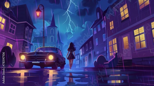Animated detective story cartoon poster, young woman walking along illuminated street in dark town with car passing through puddles, with flashing lights and water puddles in dark sky.
