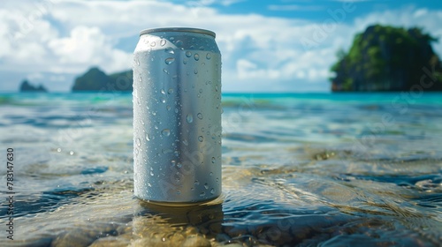 The plain soft-drink can 330ml, floating in the ocean with tropical islands in background. Generated by artificial intelligence.