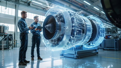 Two engineers analyzing a jet engine blueprint holographically.