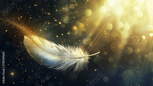 This modern design features a golden colored bird or angel quill, soft fluffy plume flying in a sun ray with white feather with gold glitter.
