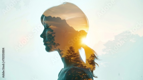 A womans profile is outlined against the bright sun in the background, creating a striking silhouette. The sun is positioned directly behind her, casting a warm glow around her figure.