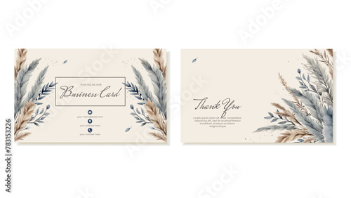Business Card and Thank You Card Template with Botanical Watercolor Leaves and Pampas Grass. Vector
