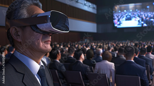 VR experience senior business manager man attend meeting wearing virtual goggle glasses standing in autitorium convention hall with crowd of business people background