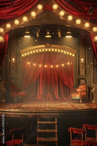 A vaudeville stage with vintage props and footlights, evoking nostalgia for a classic entertainment banner background
