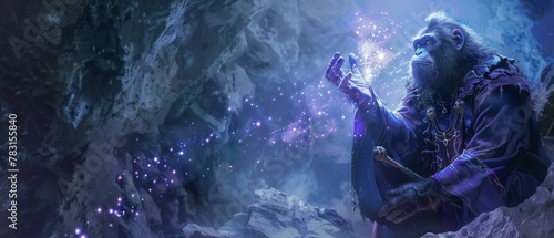 Chimpanzee mage in starry robes, enchanting glowing runes with a wand in a mystic cave