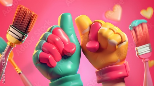 3D Illustration of an artist's hand holding paint brushes with gestures of thumbs down, victory, and wishing. Artist's arm with crossing fingers, pointing, heart sign, and symbol of chat message.