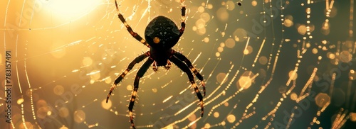 A spider is in the center of a web with a blurry background. The spider is black and brown and he is in the middle of the web