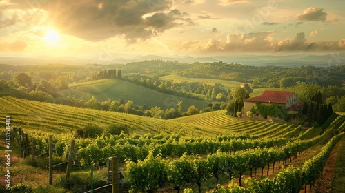 A realistic stock photo showing a vineyard in the countryside with rows of grapevines, green foliage, and a clear blue sky in the background.