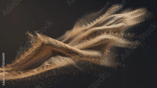 An abstract texture of dirt powder flows, wave and swirl wind trails with sand and ground particles, modern realistic illustration, isolated on a transparent background.