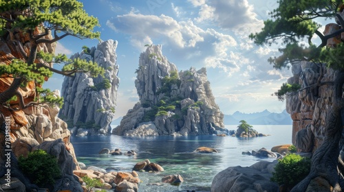 A detailed painting depicting a rocky coast with various types of trees and large rocks scattered around. The scene captures the rugged beauty of the coastline against the backdrop of a sunlit sky.