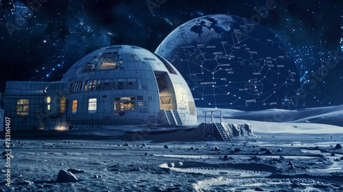 An artists interpretation of a space station built on the moons surface, showcasing intricate architecture and advanced technology for human habitation and research in space exploration.