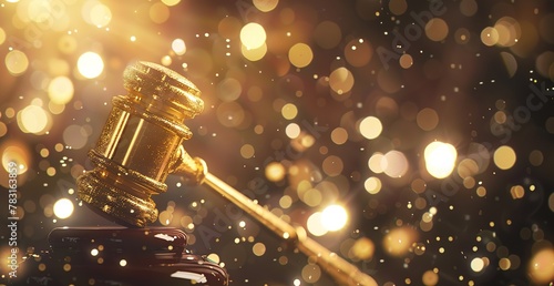 Illuminated golden gavel - symbol of the judiciary on a sparkling bokeh background