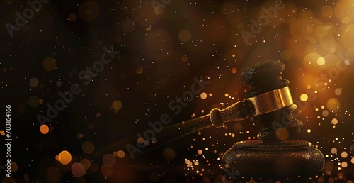 Illuminated golden gavel - symbol of the judiciary on a sparkling bokeh background