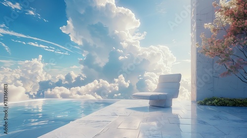 White Lounger Chair by Reflective Pool and Sky