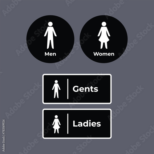 Men women and gents ladies toilet sign age icon vector illustration set bundle isolated on square gray background. Simple flat monochrome black and white drawing.