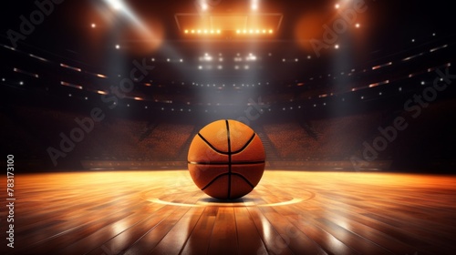 A basketball ball on an arena. Close up of a Basketball ball in the centre of the stadium