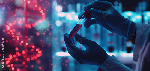 Scientist holding medical testing tubes or vials of medical pharmaceutical research with blood cells and virus cure using DNA genome sequencing biotechnology as wide banner hologram