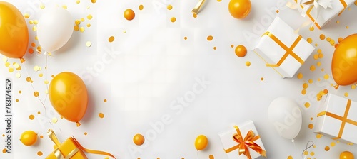Orange and white balloons and gift boxes and confetti on a white background. Banner for birthday, holiday, celebration. Banner with space for your text.