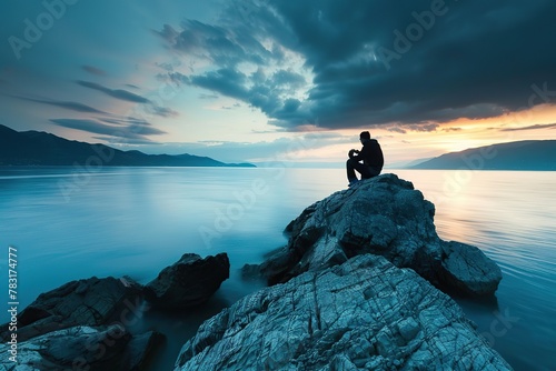 Professional Nature Photographer Photographer sits on a cliff looking at sunset sea. Travel adventure concept, active vacations outdoor. Rear view of traveler with his camera in hand on the rock top