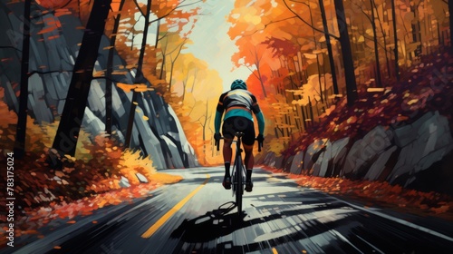 Male race cyclist driving on the autumn forest road. Cyclist riding in the autumn forest