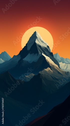 A peak mountain with snow and orange sky. Sunset over mountains landscape. Vertical orientation