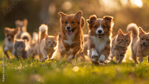 A group of dogs and cats running together in a field