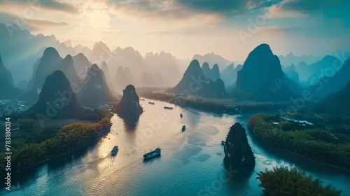 Landscape of Guilin, Li River and Karst mountains. Located near Yangshuo County, beautiful mountain range with a river running through it. water is calm and clear, trees are lush and green