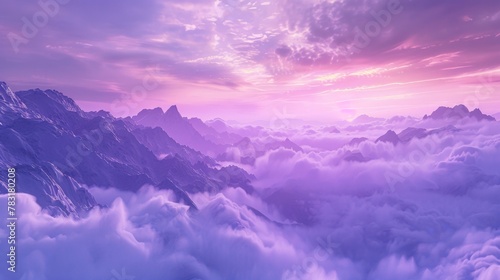 The sky is a beautiful shade of purple with clouds floating above. The mountains in the background are covered in fog, creating a serene and peaceful atmosphere