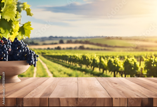 Vineyard Harvest: Ripe Grapes on Wooden Table Generative AI