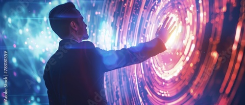 People realizing they can access memories and experiences across parallel dimensions A man in a futuristic suit, silhouetted against a luminous portal, reaching out to touch it Photography