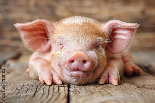A cute piglet comfortably asleep on a rustic wooden surface, capturing the innocence and comfort of animals
