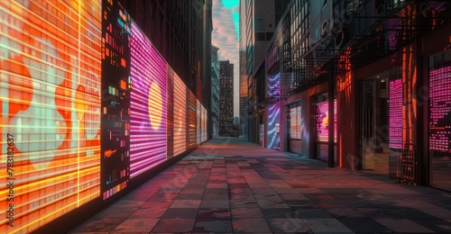 Techno DJ, Music Beats, Futuristic digital murals, transforming city alleys, Public spaces reimagined, under a VirtualSunset, HDR, Panoramic view