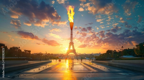 Eiffel Tower with the Olympic torch lit at the top