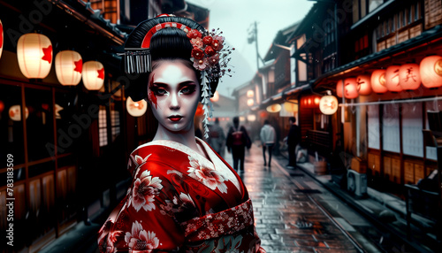 A geisha in a bright red kimono walks down the busy city street 