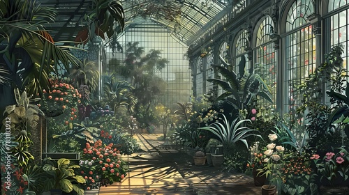 Intricate engraving of a Victorian-era botanical garden filled with rare flowers