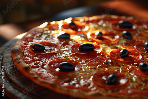 A close-up of a cheesy pizza slice with pepperoni and melted mozzarella on a red tomato sauce base