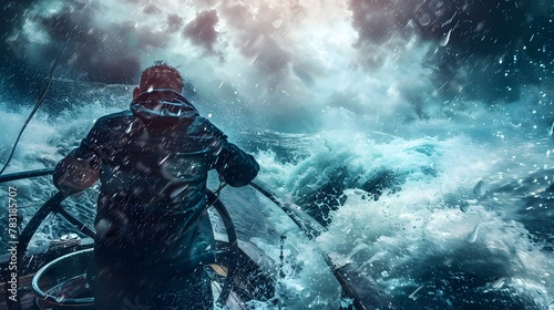 Captain Navigating Stormy Seas with Compass to Overcome Business Challenges