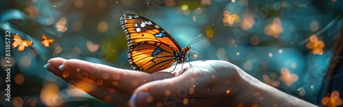 Wild Beauty: Closeup of a Butterfly on a Woman's Hand - Animal Photography Background