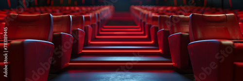 Empty movie theatre,Rows of red velvet seats watching movies in the cinema with copy space banner background Entertainment and Theater concept 3D illustration rendering. 