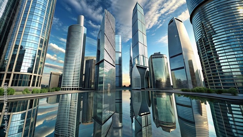 Bottom-Up View of Reflective Skyscrapers in Modern Cityscape, Symbolizing Corporate Ambition and Innovation.